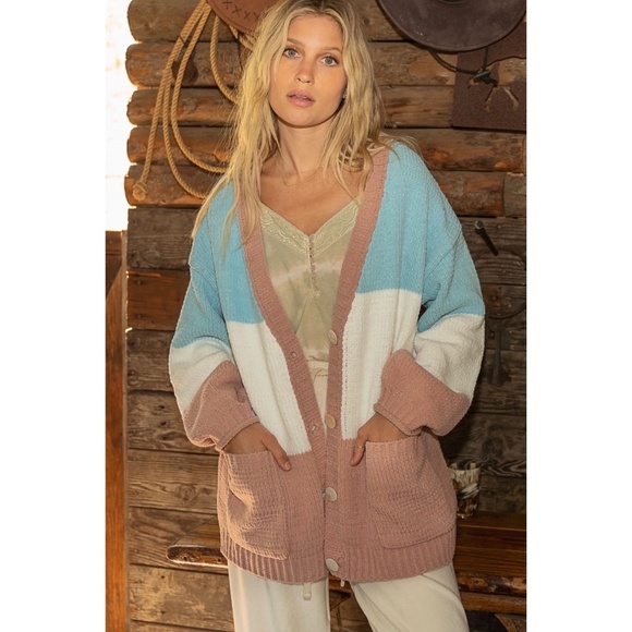 POL Blue & Pink Chenille Button Down Relaxed Fit Cardigan - Picture 8 of 8